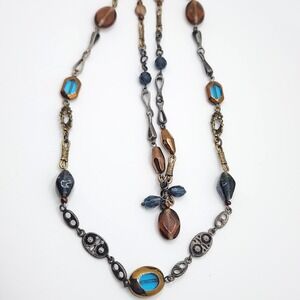 Bohemian Chicos Art Deco Revival Glass Topaz Blue Brown Double Layer Necklace